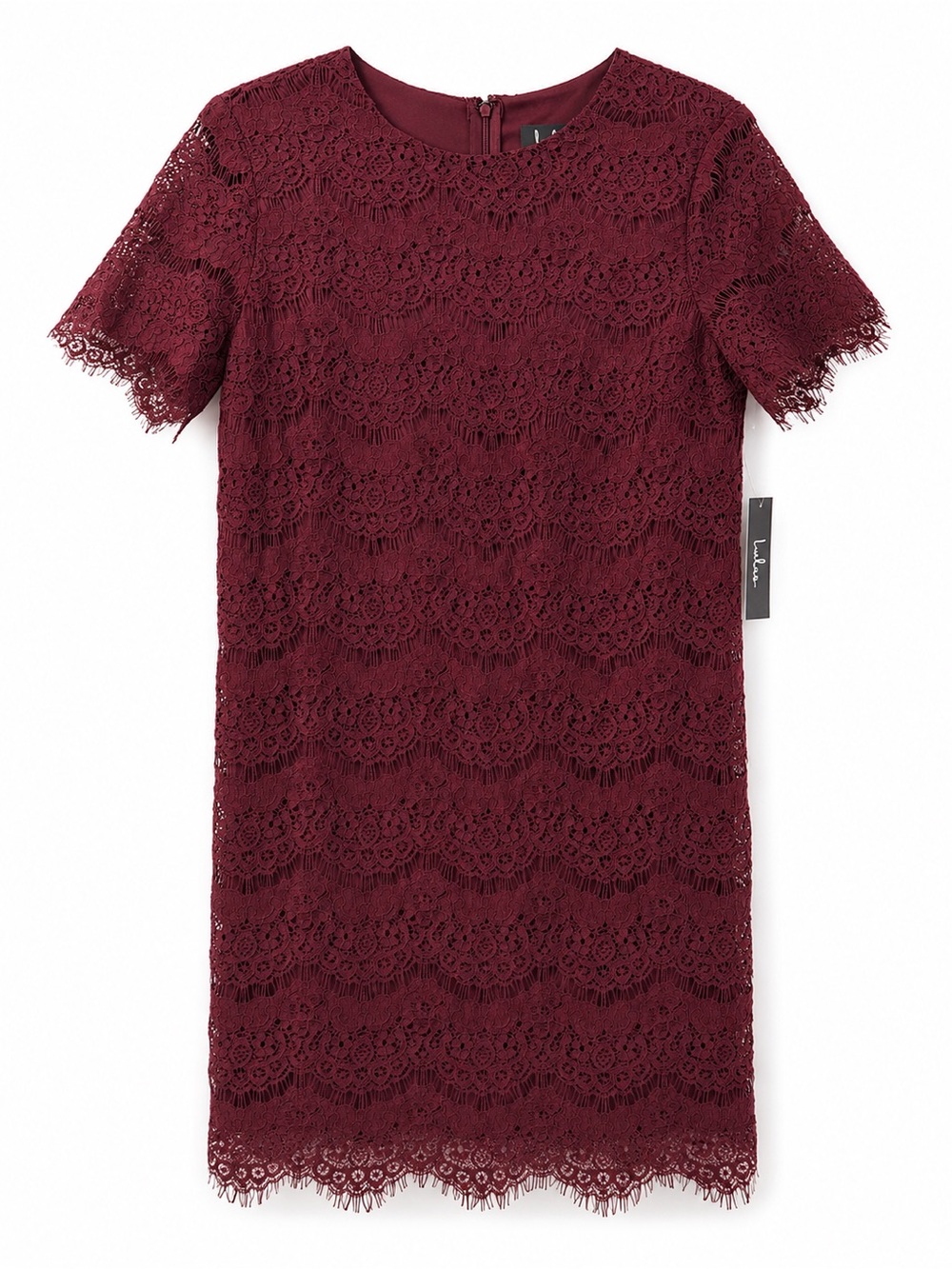 Lulus Burgundy Lace Short Sleeve Mini Dress Scalloped Trim Sheath Size S - Picture 2 of 5